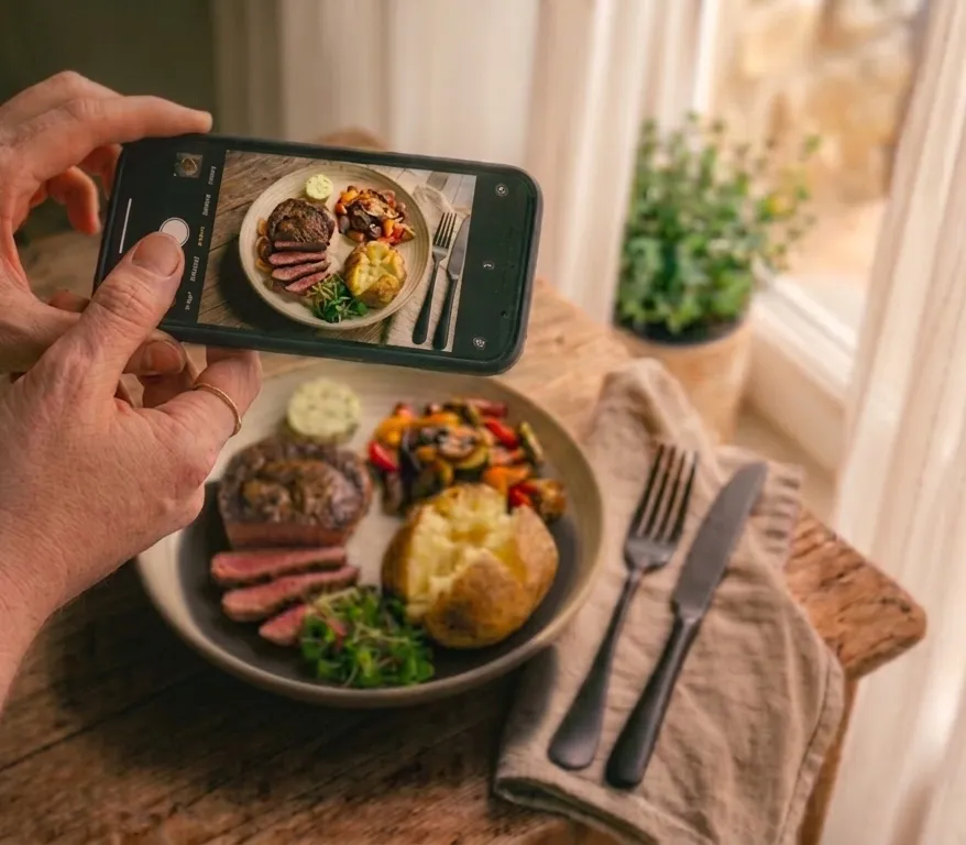 Hands photographing a plated steak dinner with a phone, the meal on its screen, a fork and knife on a napkin beside the plate