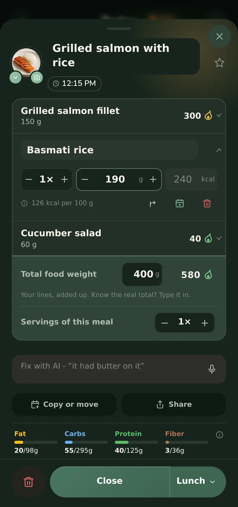 The Edit meal sheet on a logged lunch of grilled salmon fillet, basmati rice and cucumber salad: each food on its own line with its weight and calories, the rice's line open on an editable amount in grams, the total food weight summed under the list, and the Fix with AI box below