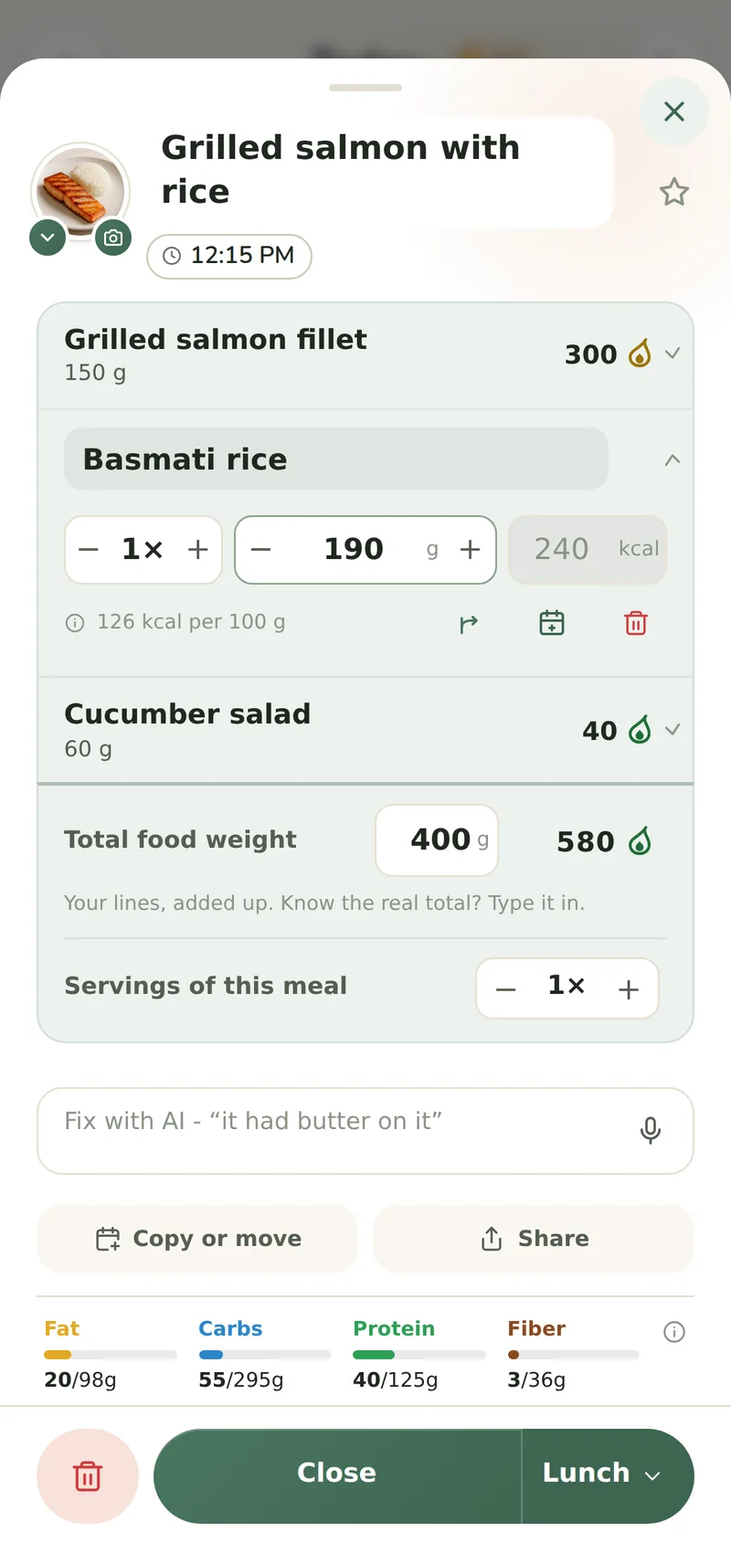 The Edit meal sheet on a logged lunch of grilled salmon fillet, basmati rice and cucumber salad: each food on its own line with its weight and calories, the rice's line open on an editable amount in grams, the total food weight summed under the list, and the Fix with AI box below