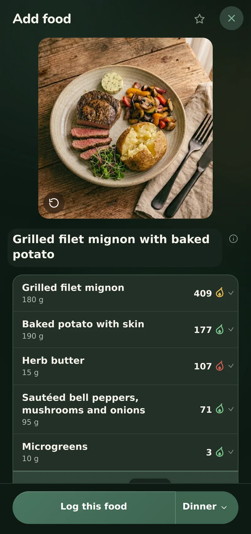 The same photographed plate in Advanced mode’s Add food sheet: the dish name in an editable field, then a row per food with its weight in grams under its name and its calories beside it, and a Log this food button with the meal it will be logged to beside it