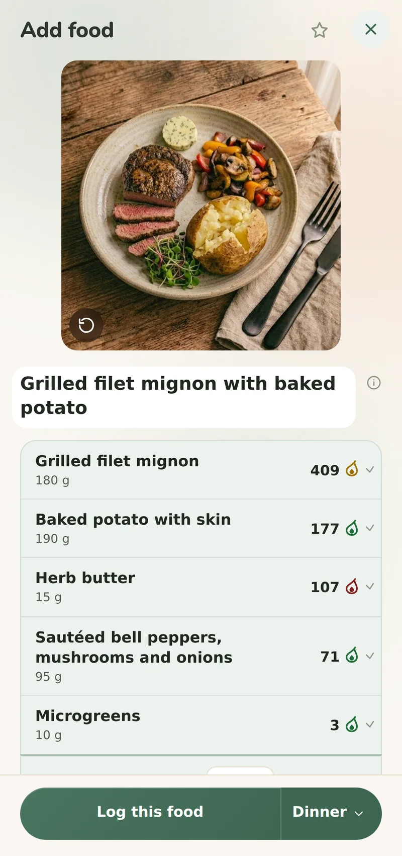 The same photographed plate in Advanced mode’s Add food sheet: the dish name in an editable field, then a row per food with its weight in grams under its name and its calories beside it, and a Log this food button with the meal it will be logged to beside it