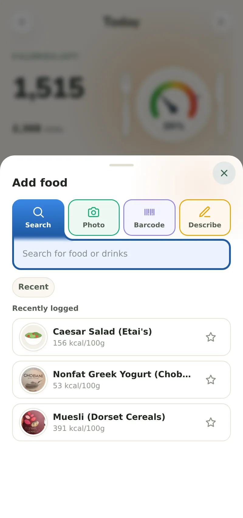 Adding food: search, photo, barcode or describe