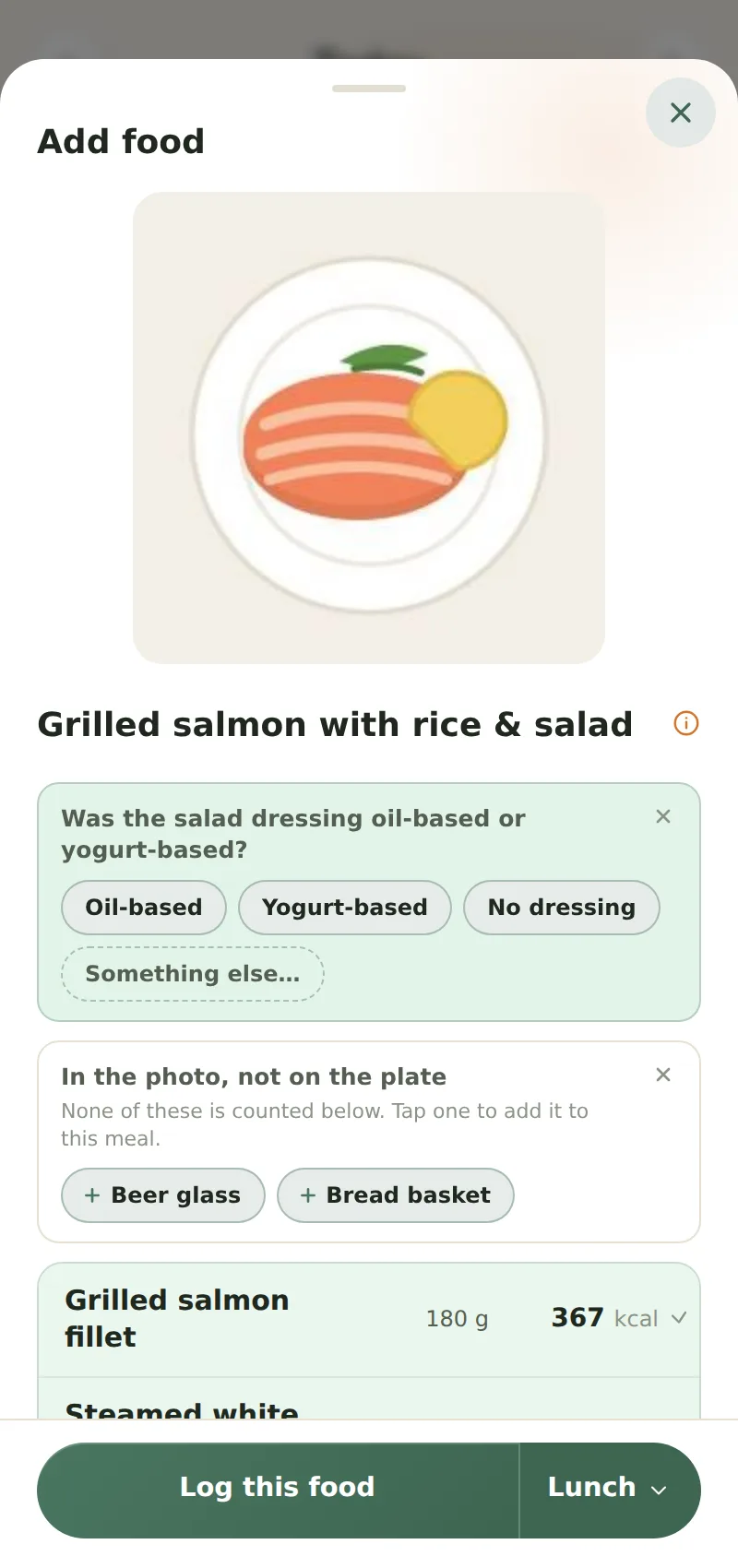 AI analysis review of a described meal, item by item