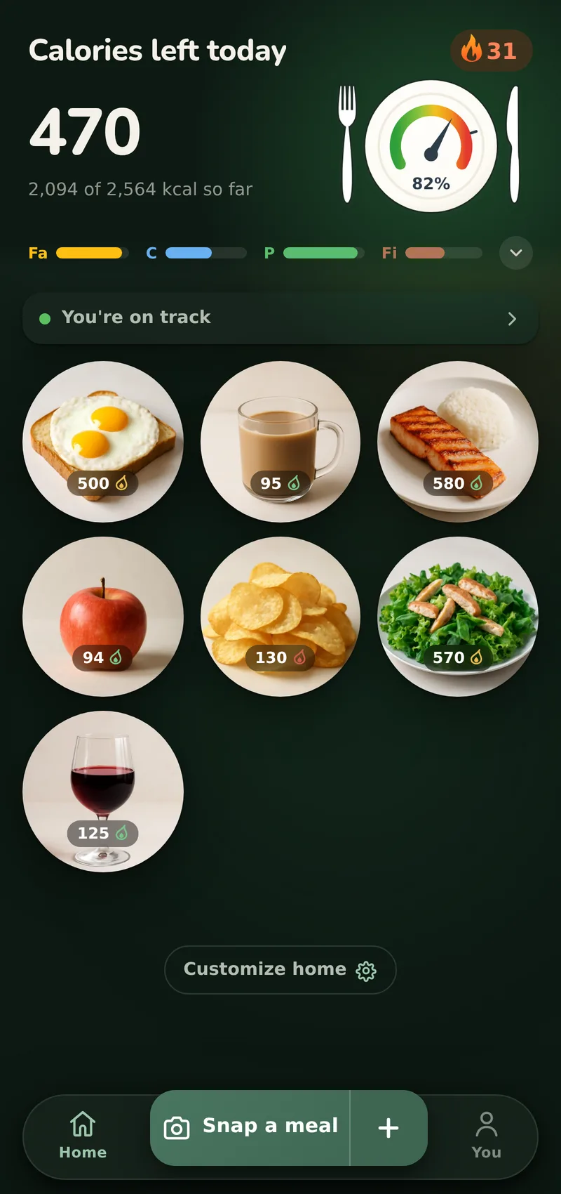 Simple mode's Home screen: calories left today, a row of macro bars, the day's meals and the Snap a meal button