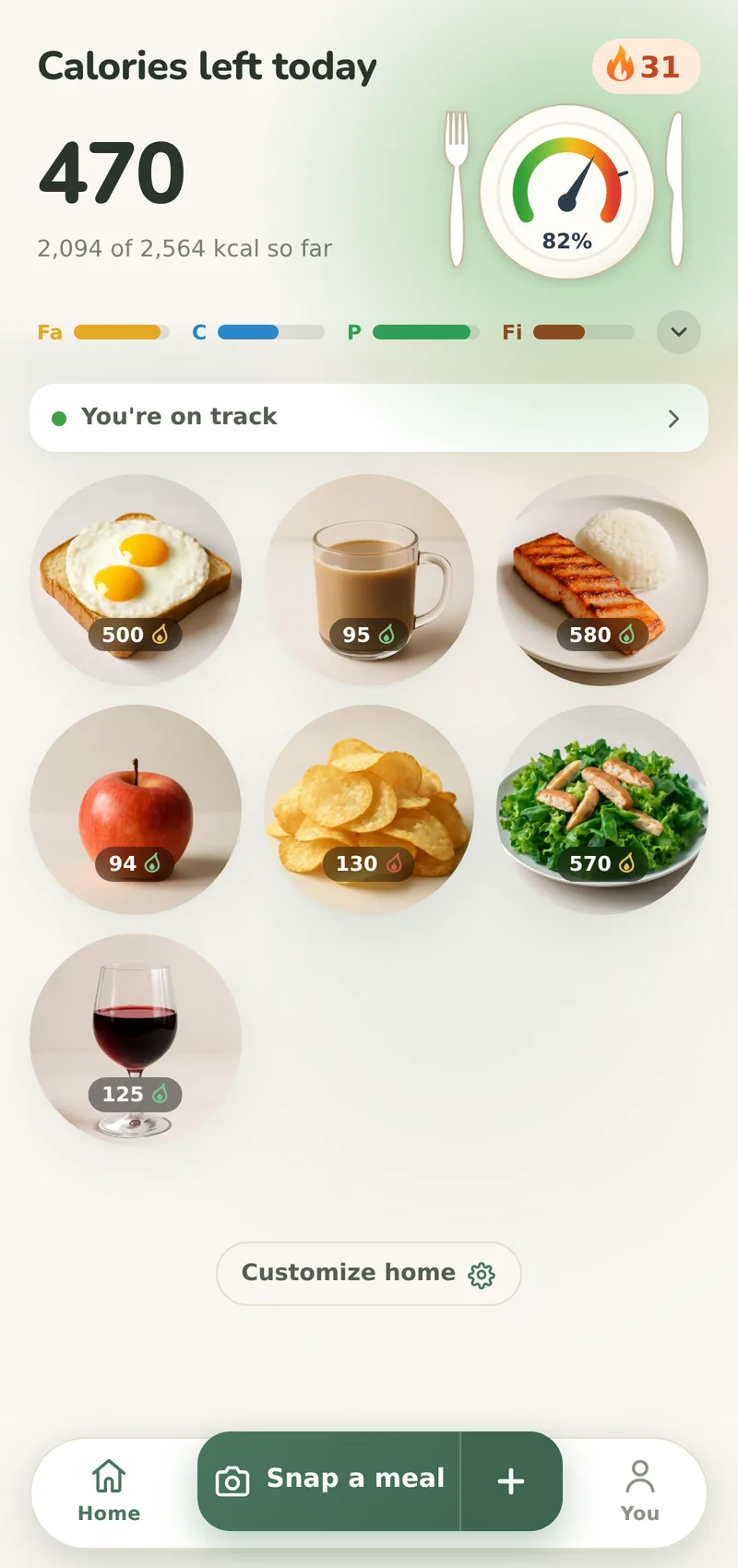 Simple mode's Home screen: calories left today, a row of macro bars, the day's meals and the Snap a meal button