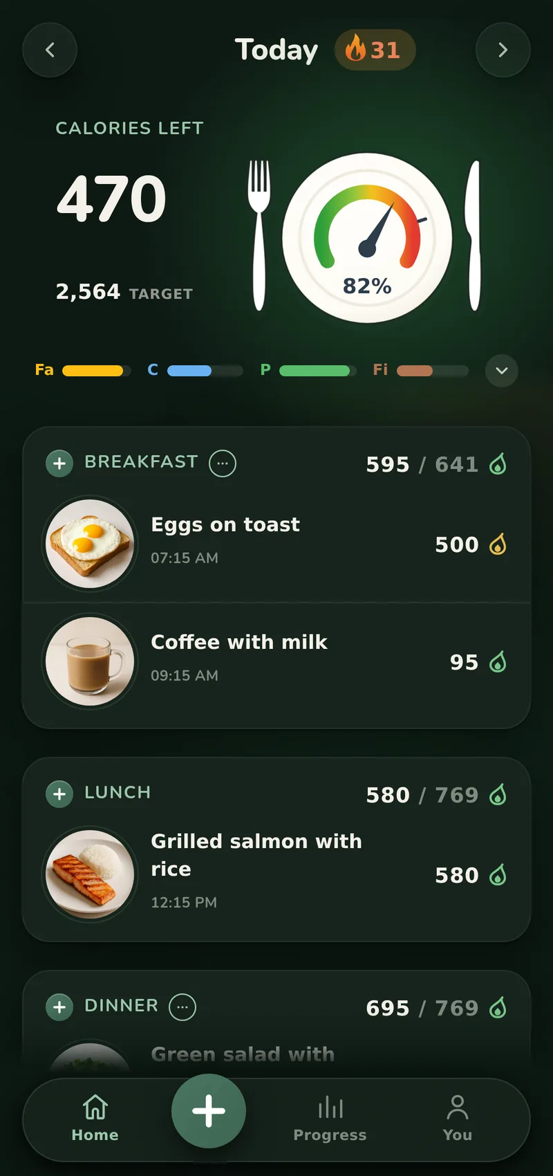 Advanced mode showing the same day as meal cards with per-meal budgets, with the Progress tab in the bar