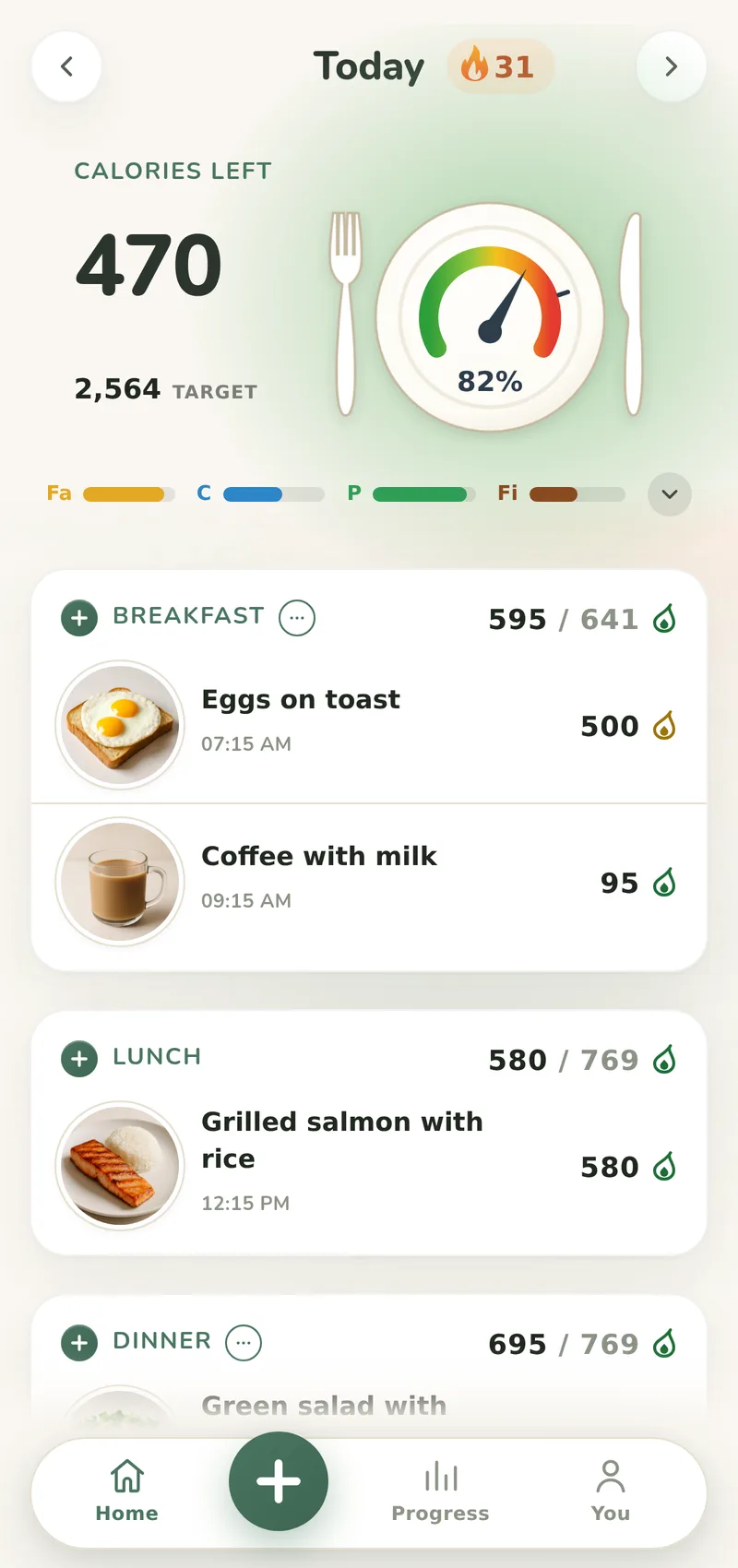 Advanced mode showing the same day as meal cards with per-meal budgets, with the Progress tab in the bar