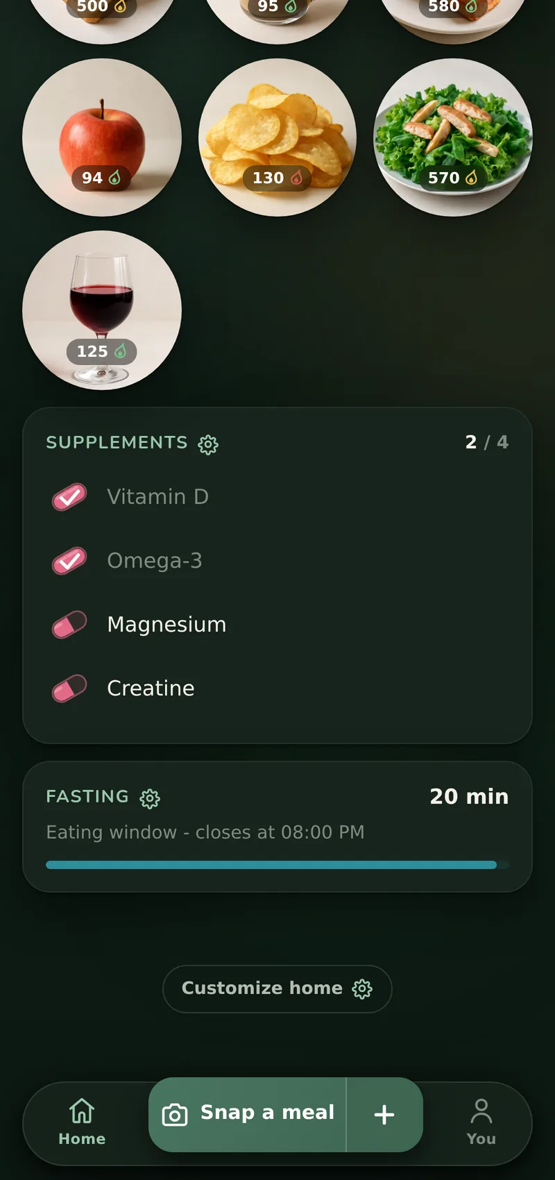 Home with two switched-on cards under the day's meals: a supplements checklist with two of four capsules ticked, and a fasting card counting the last minutes of the eating window