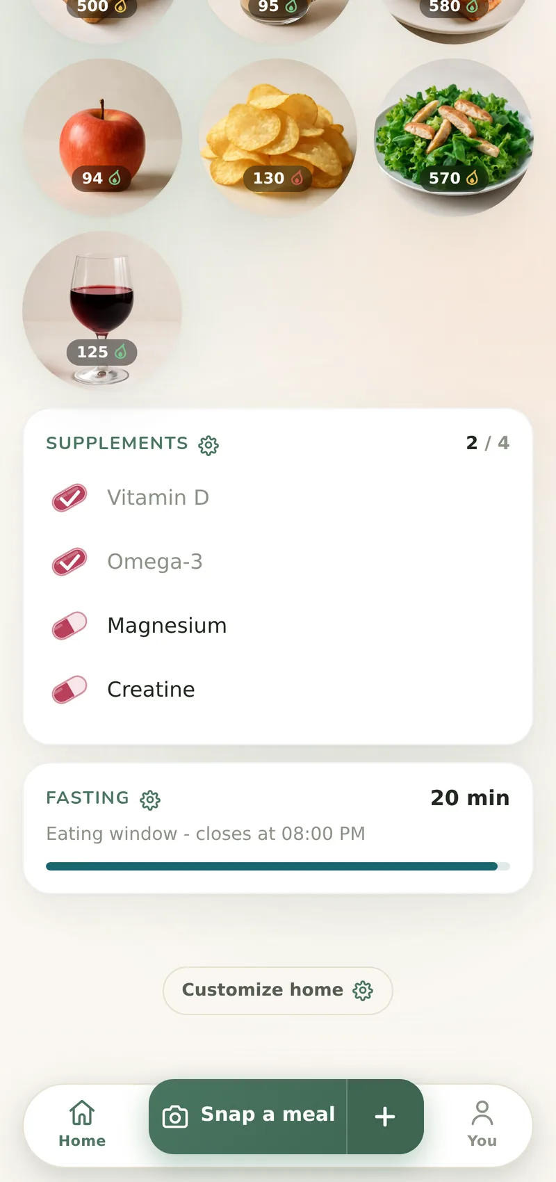 Home with two switched-on cards under the day's meals: a supplements checklist with two of four capsules ticked, and a fasting card counting the last minutes of the eating window