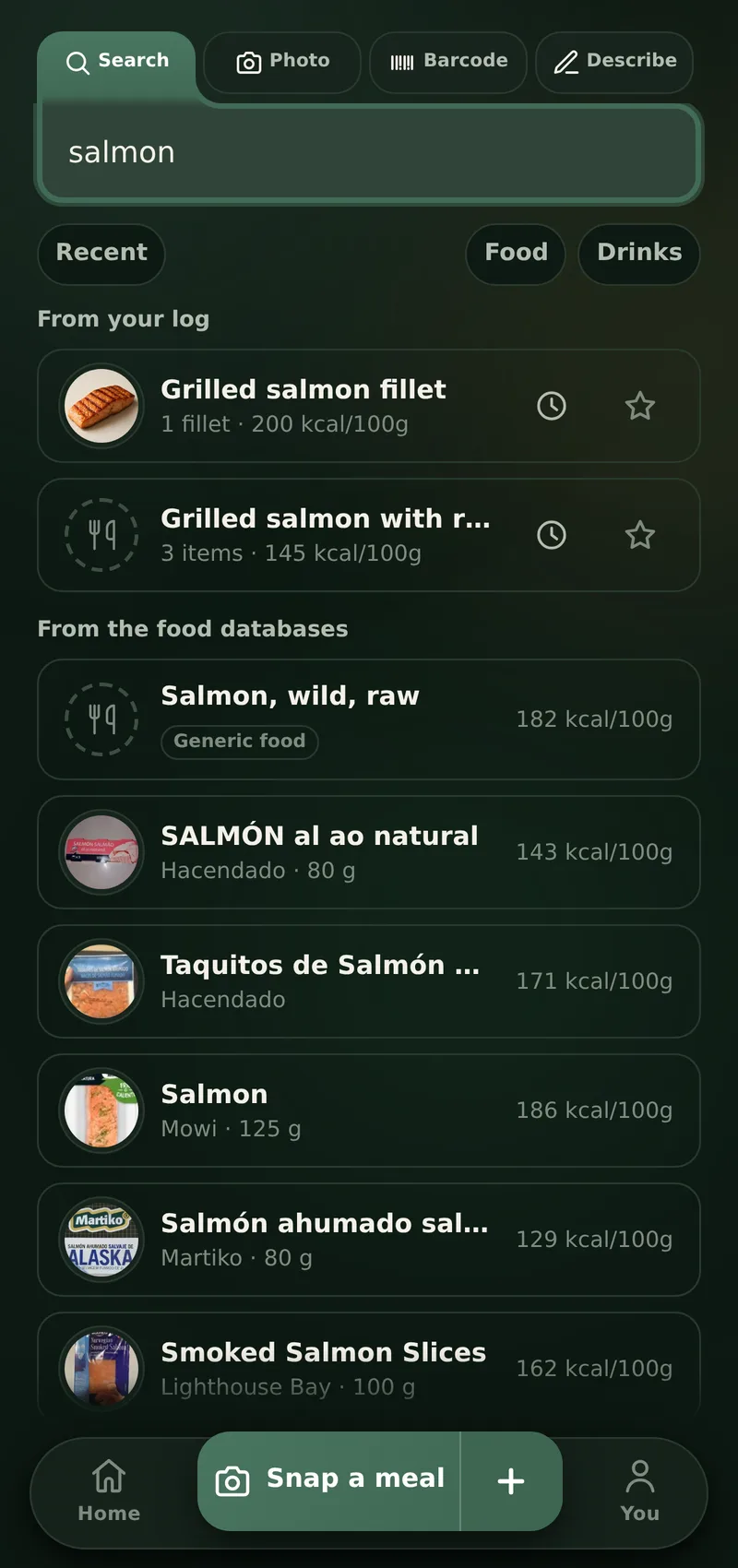 The add screen on its Search tab, beside Photo, Barcode and Describe: dishes from your own log above matching foods from the food databases
