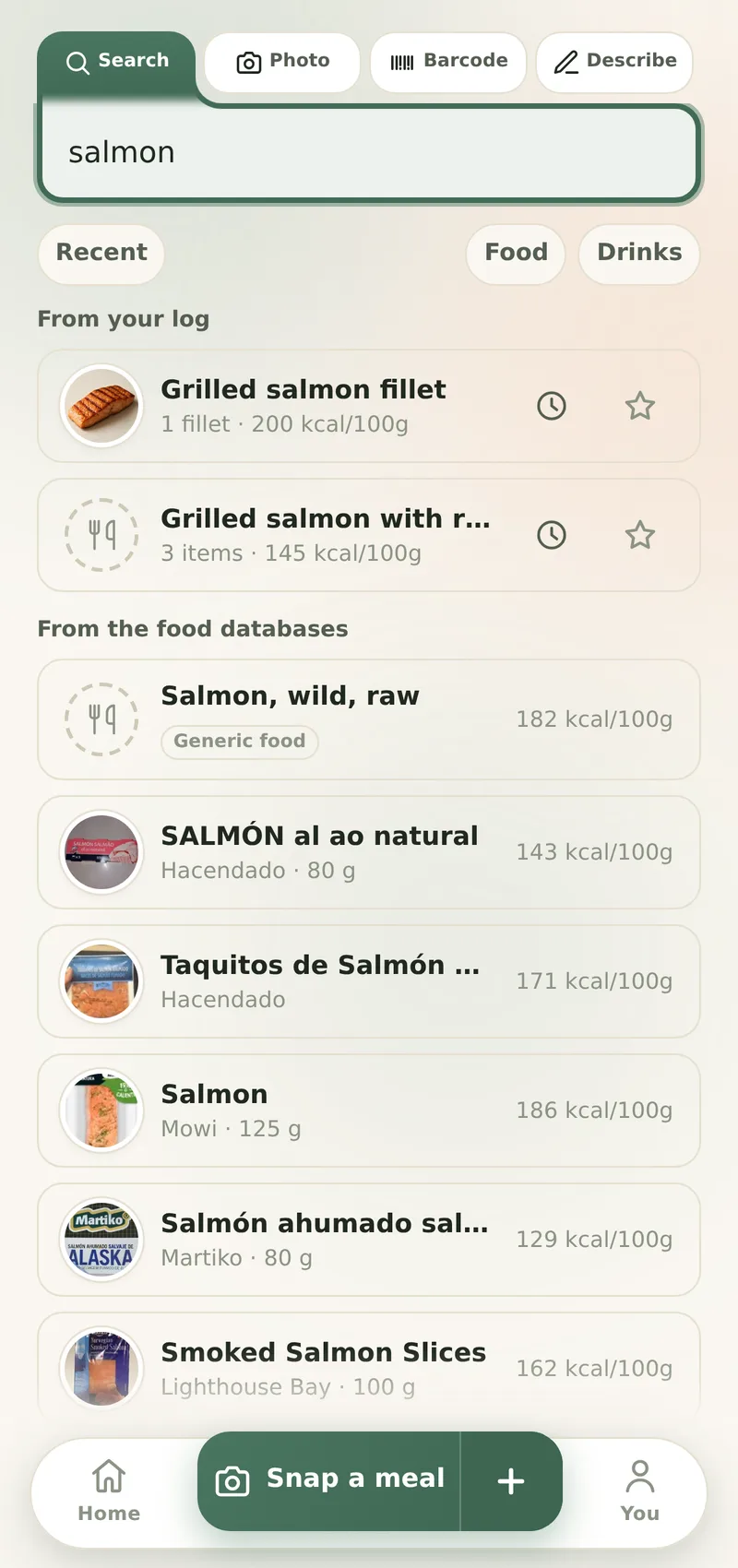 The add screen on its Search tab, beside Photo, Barcode and Describe: dishes from your own log above matching foods from the food databases