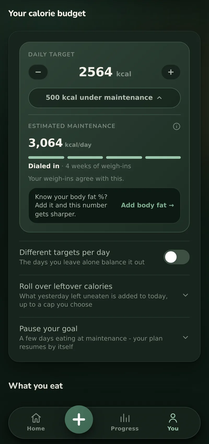 The daily calorie target, with the maintenance estimate unfolded under it and how far under maintenance the target sits