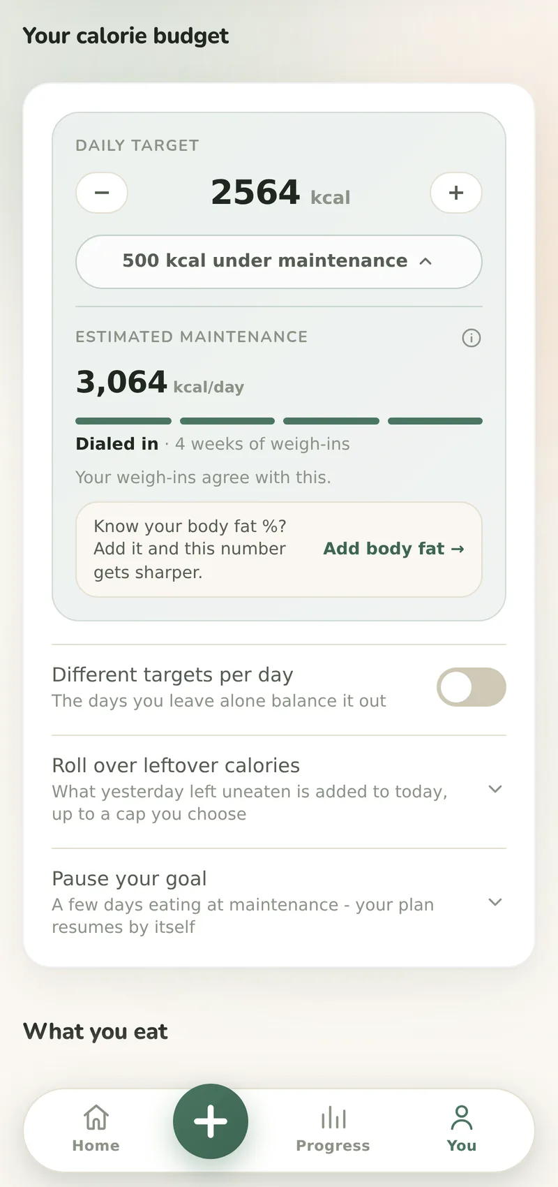The daily calorie target, with the maintenance estimate unfolded under it and how far under maintenance the target sits