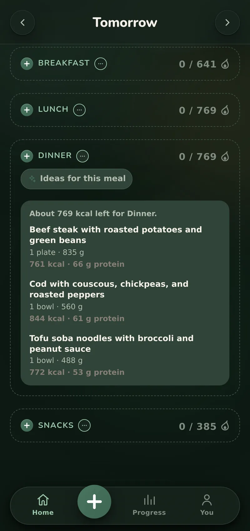 An empty Dinner card on tomorrow between the other empty meals, with its recipes panel open: the calories that meal has to spend, and three suggested dishes with the serving, the calories and the protein of each