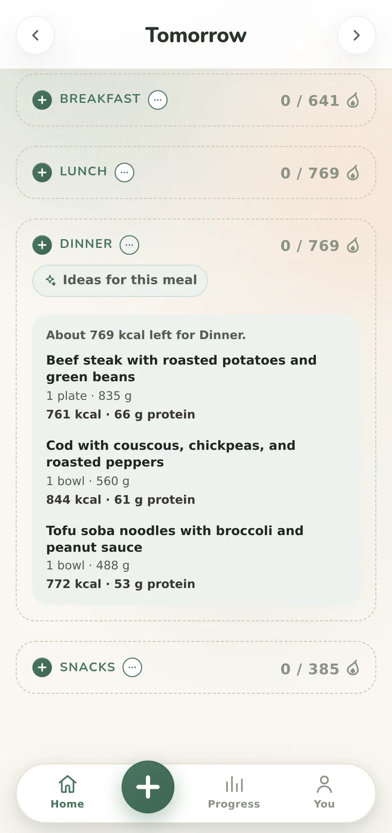 An empty Dinner card on tomorrow between the other empty meals, with its recipes panel open: the calories that meal has to spend, and three suggested dishes with the serving, the calories and the protein of each